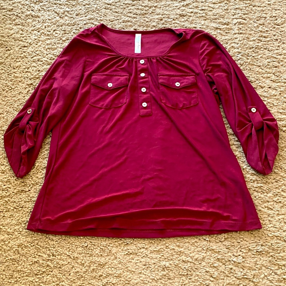 Petite maroon top with button sleeves